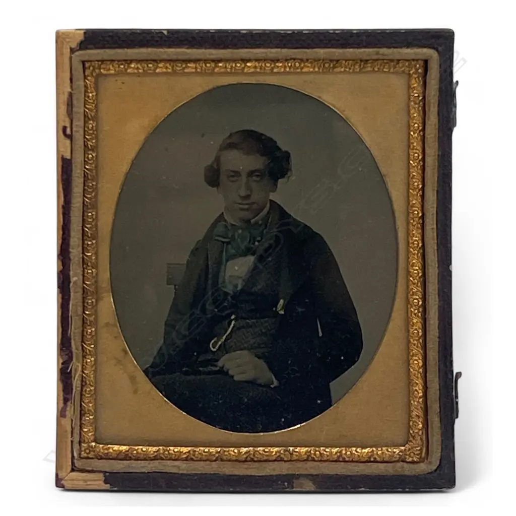 Gilt framed and leather cased ambrotype - seated dandified man, Image 1++